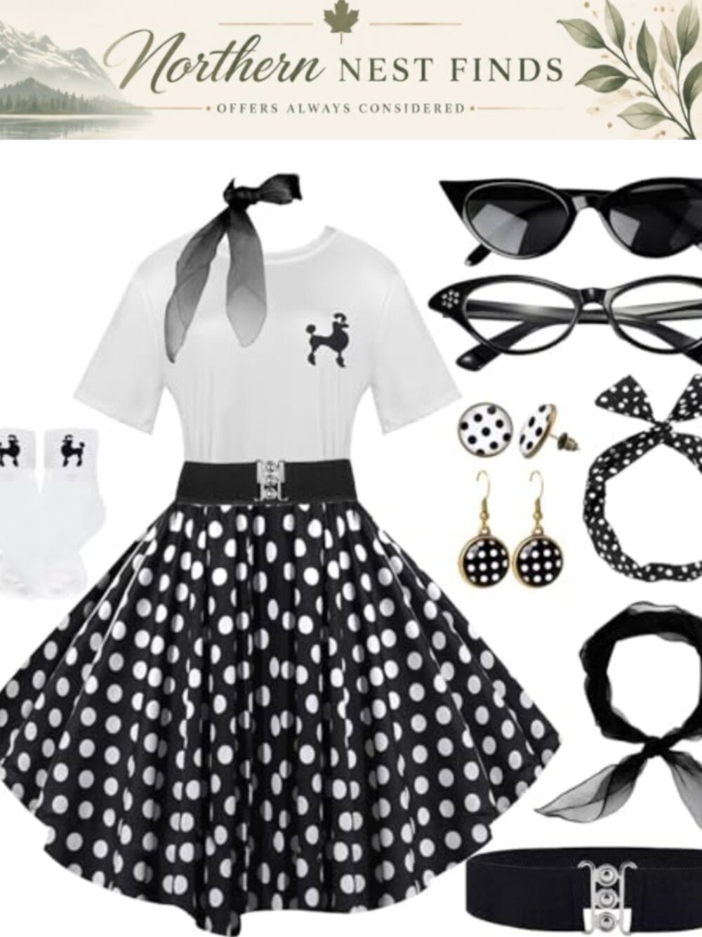 1950s Poodle Skirt Costume Set 10pc Women Halloween Sock Hop Polyester